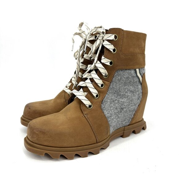 Sorel Joan Of Arctic Lexie III Hidden Wedge Boot Waterproof Leather Tan Grey 10 - Picture 1 of 8